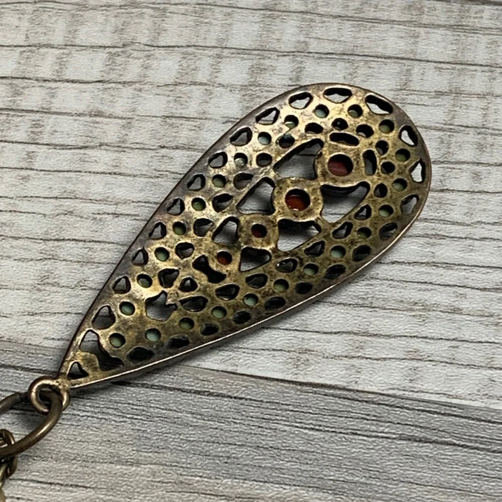 Vintage Style Bronze Teardrop Filigree Pendant Necklace Green Brown Beads 20 In